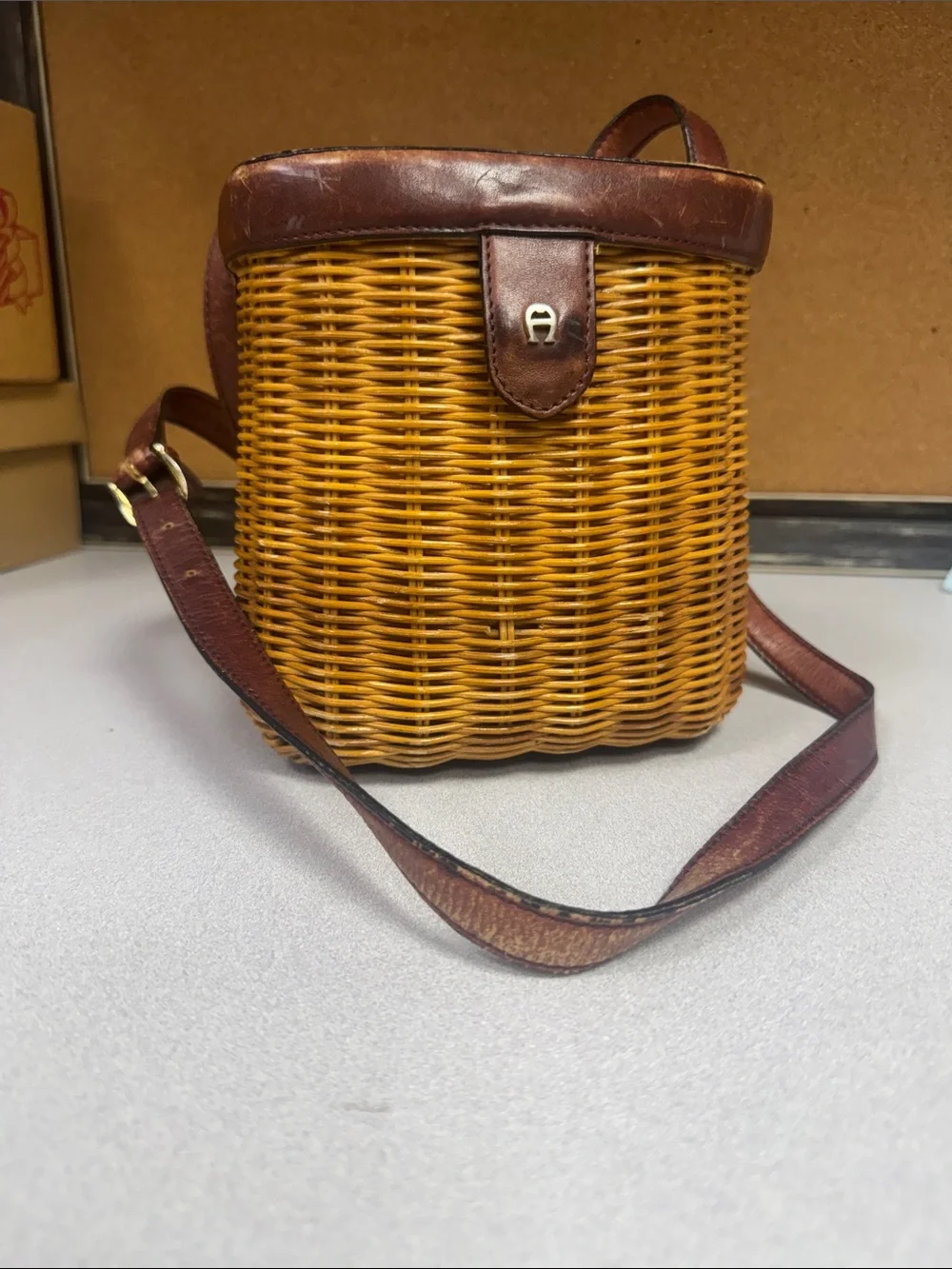 Vintage Etienne Aigner Basket Crossbody Bag with Burgundy Leather Trim - Picture 1 of 9
